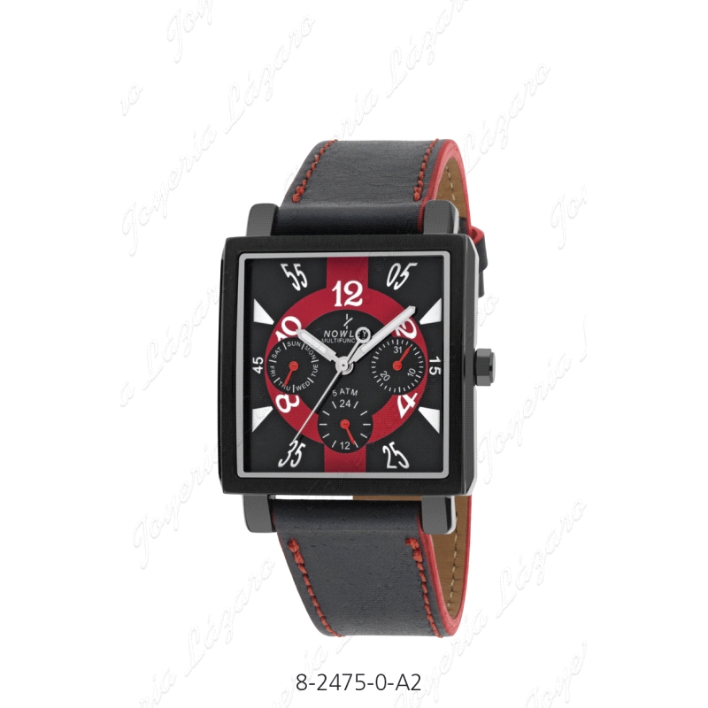 NOWLEY RELOJ HOT CUADRADO NEGRO PIEL FILO ROJO