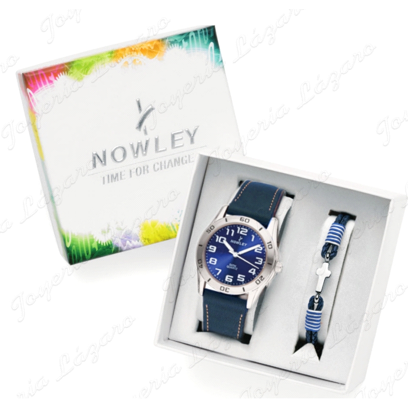 NOWLEY RELOJ PACK. COMU. CADETE PIEL AZUL+PULSERA
