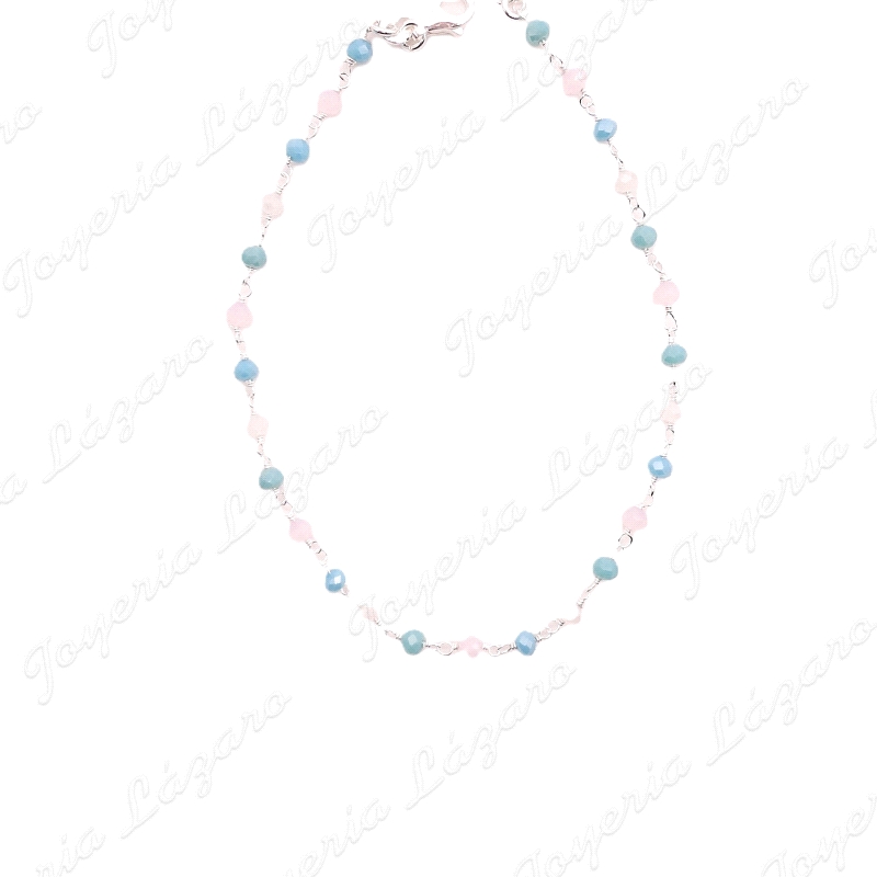 TOBILLERA PLATA BOLITAS ROSA, BLANCA Y TURQUESA