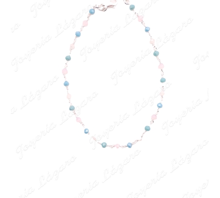TOBILLERA PLATA BOLITAS ROSA, BLANCA Y TURQUESA