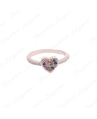 SORTIJA PLATA CORAZON MICROCIRCNOITAS COLORES EN BRAZOS BLANCAS