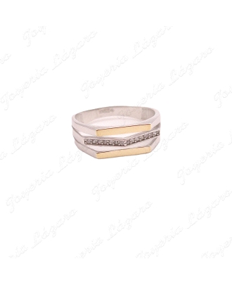 SORTIJA PLATA + ORO 9KT 3 BANDAS ARISTAS 2 ORO+1 CIRCONITAS