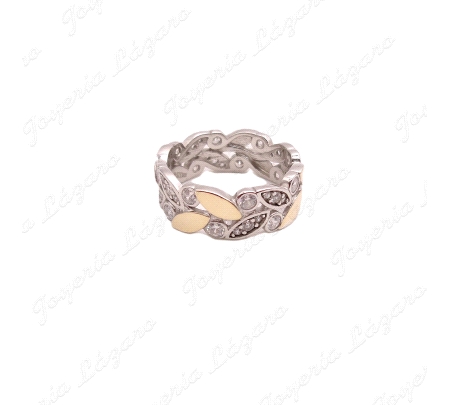 SORTIJA PLATA +ORO 9K HOJAS ORO Y CIRCONITAS