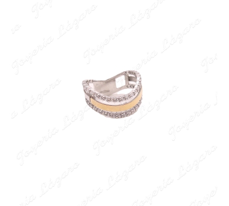 SORTIJA PLATA+ORO 9KT 3 BANDAS ORO Y CIRCONITAS ONDAS