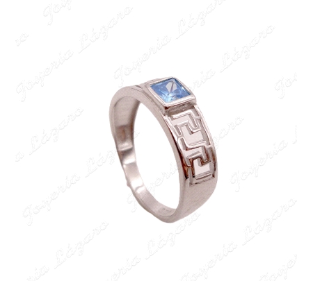 SORTIJA PLATA SOLITARIO CIRCO AZUL CUADRADA, GRECA EN BRAZOS