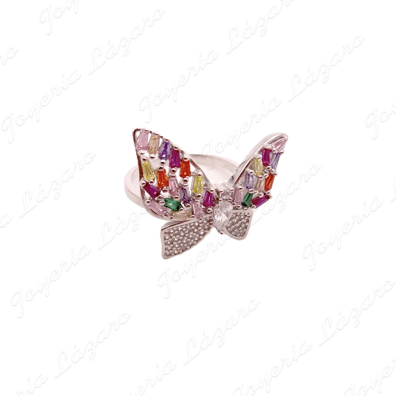 SORTIJA PLATA MARIPOSA CIRCONITAS MULTICOLOR BAGUETTE