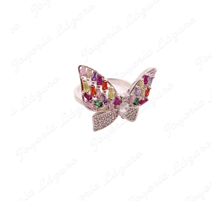 SORTIJA PLATA MARIPOSA CIRCONITAS MULTICOLOR BAGUETTE