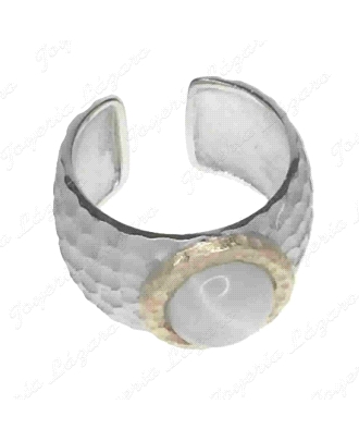 SORTIJA PLATA CINTO ANCHO ABIERTA GOLPEADA CUARZO BLANCO CERCO ROSA