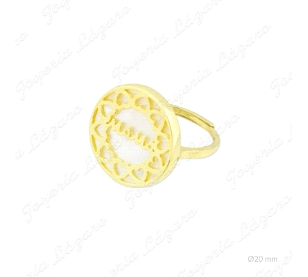 SORTIJA PLATA CHAPADA ORO AJUSTABLE MAMA Y CORAZONES SOBRE NACAR