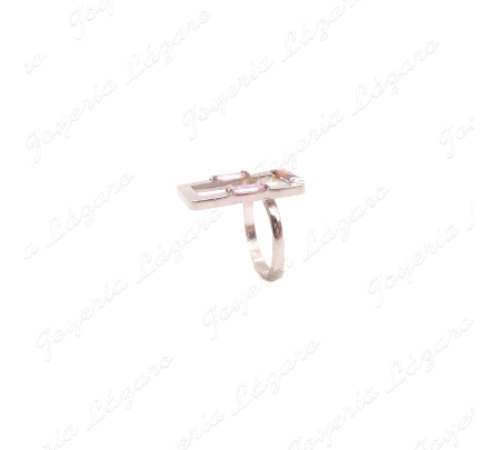 SORTIJA PLATA CHAPADA PLATINO AJUSTABLE CUADRADO CIRCO BAGUETTE ROSA