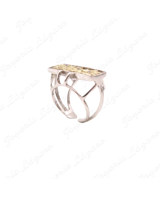 SORTIJA PLATA CHAPADA EN PLATINO Y ORO, RECTANGULAR  AJUSTABLE, CALADA