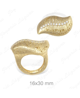 SORTIJA PLATA BAÑO ORO, HOJA CALADA CON CIRCONITAS