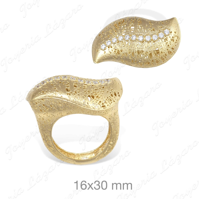 SORTIJA PLATA BAÑO ORO, HOJA CALADA CON CIRCONITAS