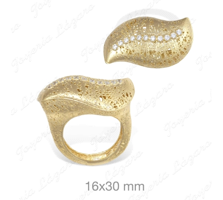 SORTIJA PLATA BAÑO ORO, HOJA CALADA CON CIRCONITAS