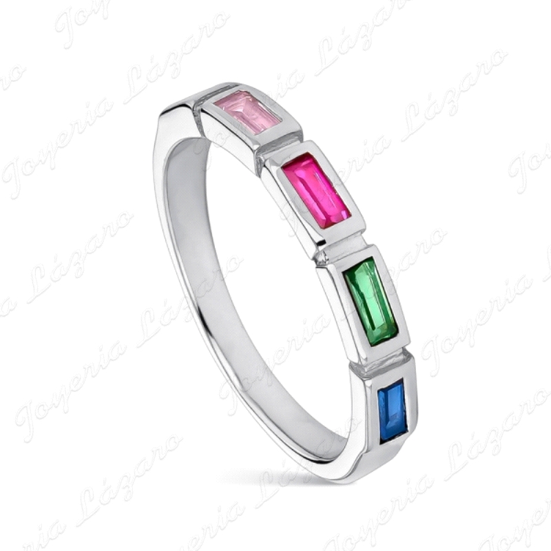 Anillo de plata rodiado baguettes multicolor