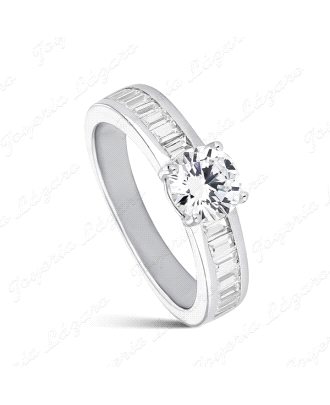 PLATA SORTIJA  Solitario De Circonita De 5 Mm Brazo Con Baguettes