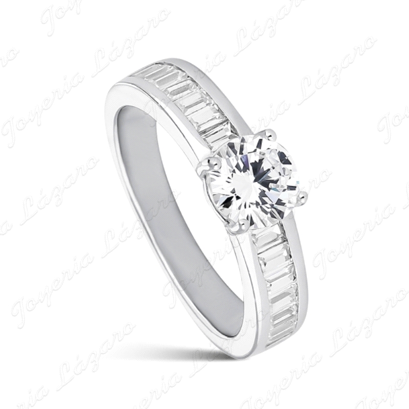 PLATA SORTIJA  Solitario De Circonita De 5 Mm Brazo Con Baguettes