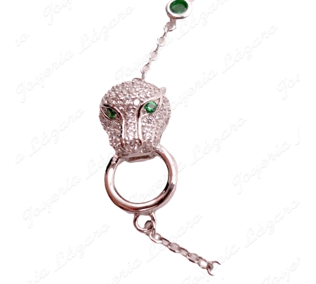 PULSERA PLATA JAGUAR OJOS VERDES+CIRCOS ESMERALDA BOCEL