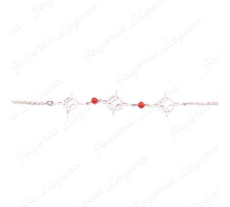 PULSERA PLATA 3 NUDO DE BRUJA+BOLITA CRISTAL ROJO