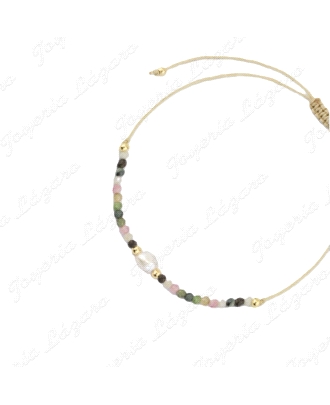PULSERA PLATA BOLAS CHAPADAS+PERLA+PIEDRAS MULTICOLOR HILO