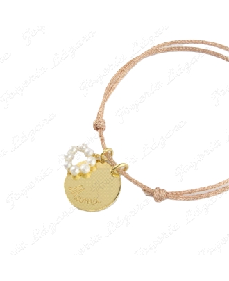 PULSERA HILO ROSA+MEDALLA PLATA CHAPADA ORO MAMA+ARITO PERLAS