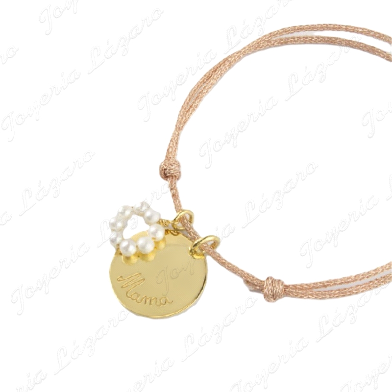 PULSERA HILO ROSA+MEDALLA PLATA CHAPADA ORO MAMA+ARITO PERLAS