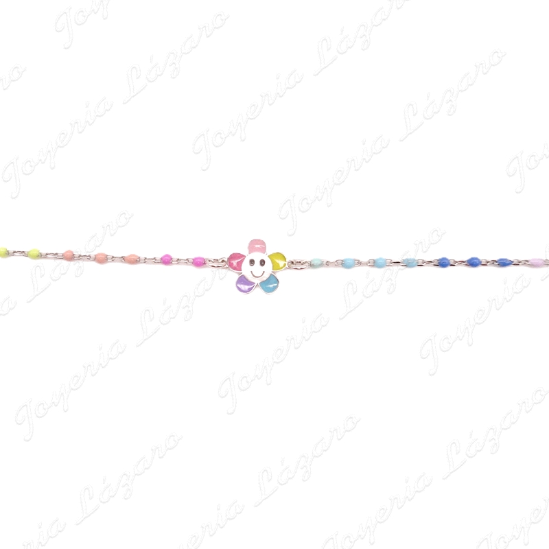PULSERA PLATA BOLITAS COLOORES Y FLOR CARITA ESMALTADA