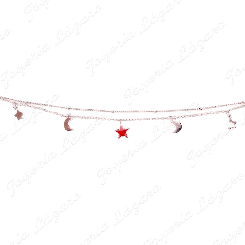 PULSERA PLATA CADENA DOBLE MOTIVOS ESTRELLAS+LUNAS