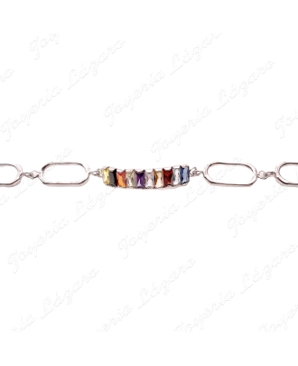 PULSERA PLATA CHAPADA PLATINO ESLABONES+CIRCOS BAGUETTE COLORES