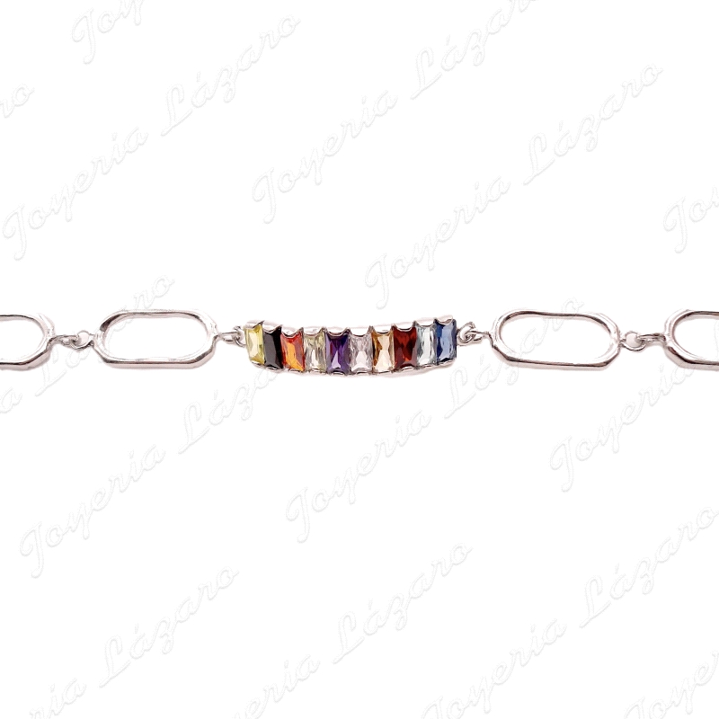 PULSERA PLATA CHAPADA PLATINO ESLABONES+CIRCOS BAGUETTE COLORES