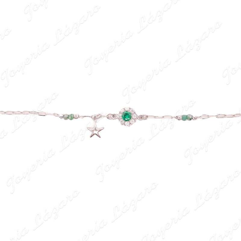 PULSERA PLATA  ESTRELLA ROSETON CIRCO PIEDRAS VERDES