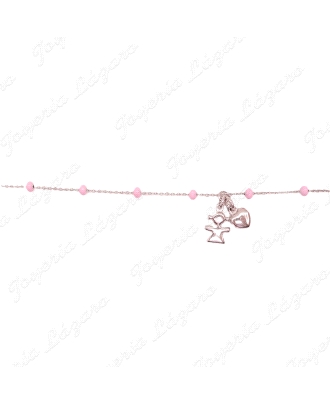 PULSERA PLATA BOLITAS ESMALTE ROSA+NIÑA Y CORAZON COLGANDO