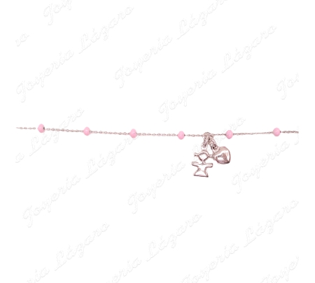 PULSERA PLATA BOLITAS ESMALTE ROSA+NIÑA Y CORAZON COLGANDO