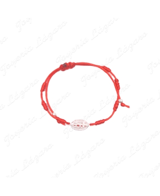 PULSERA PLATA  CRUZ CARAVACA  7 NUDOS ROJO MACRAMÉ+DOS BOLITAS PLATA