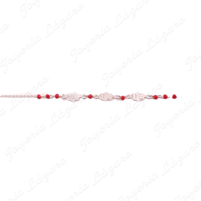PULSERA PLATA BOLITAS ROJAS Y MANO FATIMA