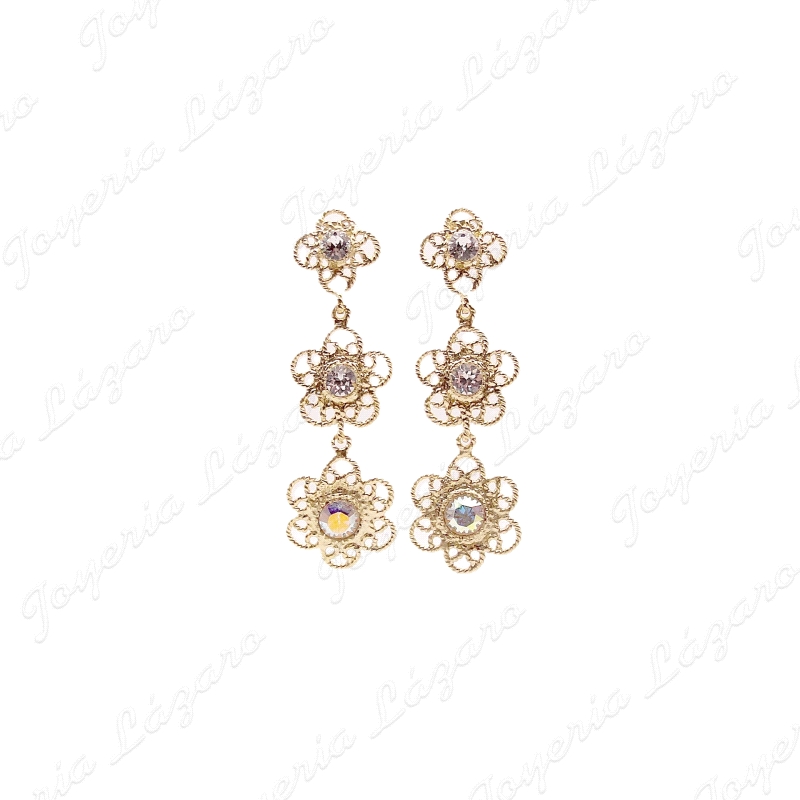 PEND. LARGOS PLATA CHAPADA ORO FILIGRANA 3 FLORS CON SWAROVSKI BLANCO