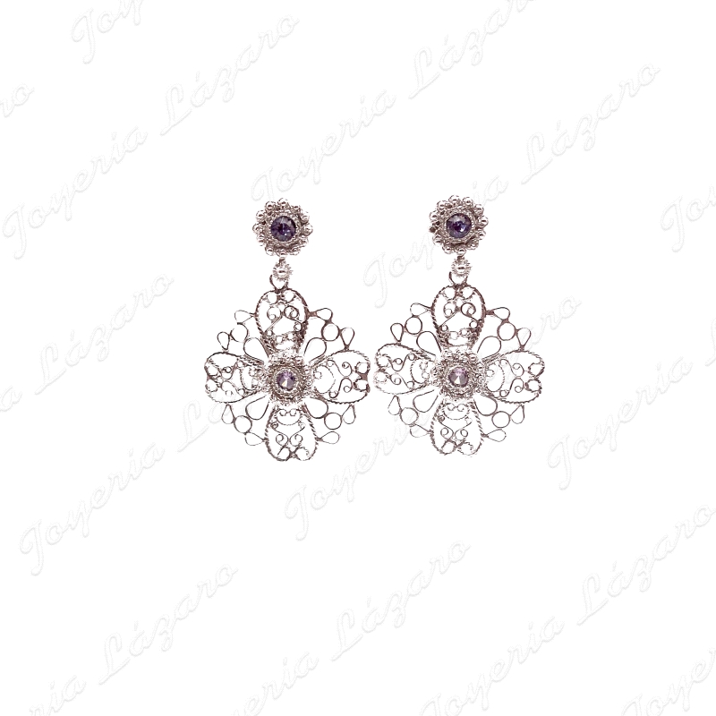 PEND. LARGOS PLATA CHAPADA PLATINO FILIGRANA SWAROVSKI MORADO