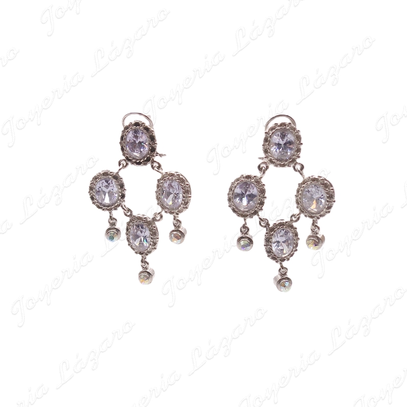 PEND. LARGOS PLATA CHAPADA EN PLATINO 4 CRISTALES EN CERCO FILIGRANA