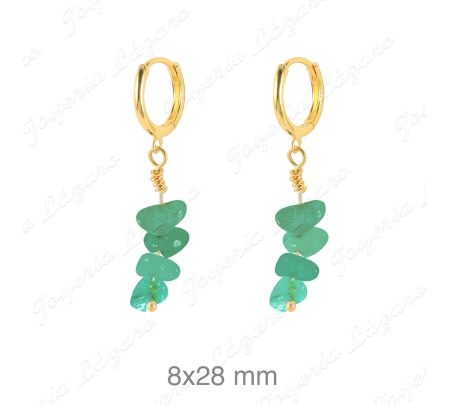 PEND. LARGOS PLATA BAÑO ORO CON 4 PIEDRAS VERDES COLGANDO