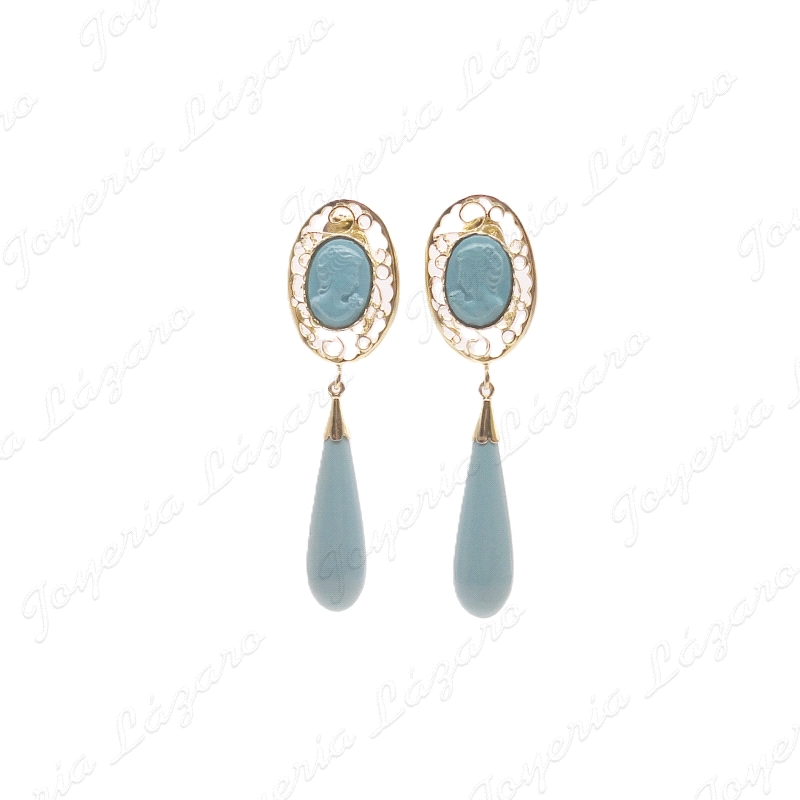 PEND. CORAL/SIMIL PLATA CHAPADA ORO FILIGRANA CARA Y PERITA AZUL