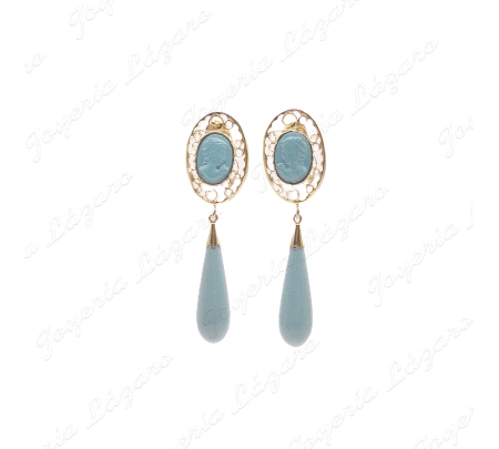 PEND. CORAL/SIMIL PLATA CHAPADA ORO FILIGRANA CARA Y PERITA AZUL