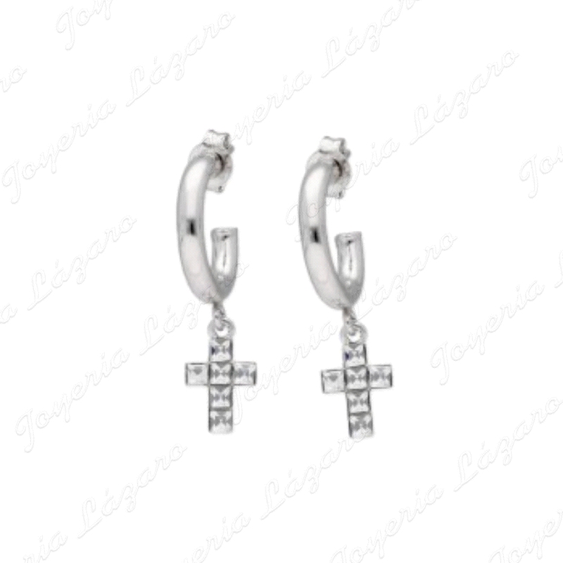 PEND. AROS PLATA TUBO ABIERTOS CON CRUZ COLGANDO PRESION