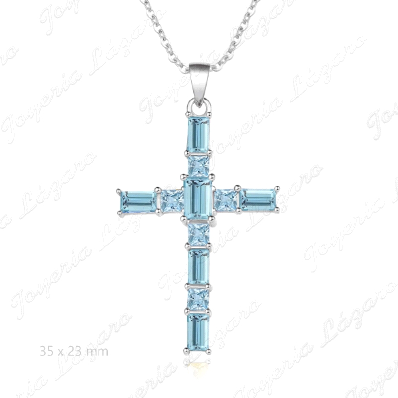 GARGANTILLA PLATA CRUZ 23X35 CIRCOS AZULES BAGUETTE