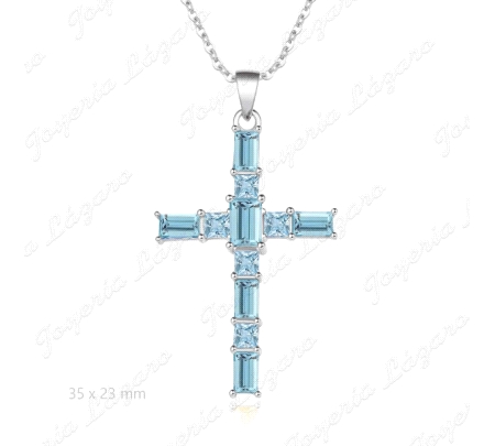 GARGANTILLA PLATA CRUZ 23X35 CIRCOS AZULES BAGUETTE