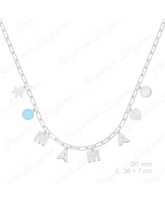 GARGANTILLA PLATA MAMA EN CHARMS+FLOR, 2CIRCOS COLOR+CORAZON