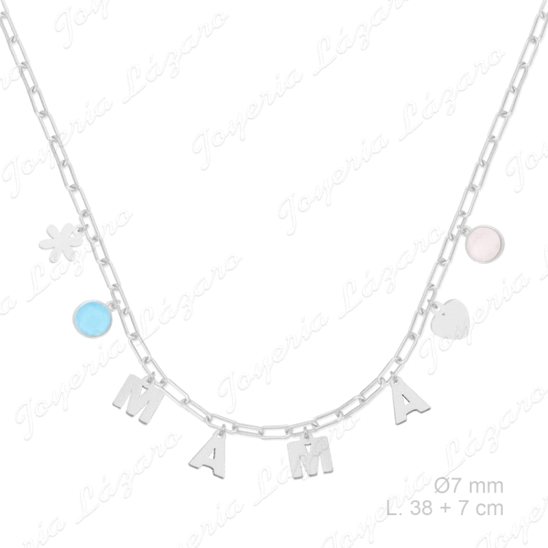 GARGANTILLA PLATA MAMA EN CHARMS+FLOR, 2CIRCOS COLOR+CORAZON