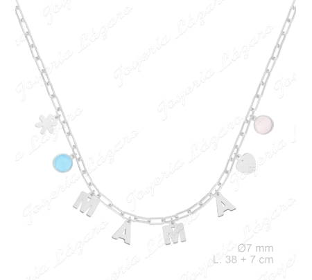 GARGANTILLA PLATA MAMA EN CHARMS+FLOR, 2CIRCOS COLOR+CORAZON