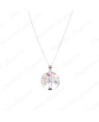 GARGANTILLA PLATA ARBOL VIDA HOJAS PIERDRAS COLOR