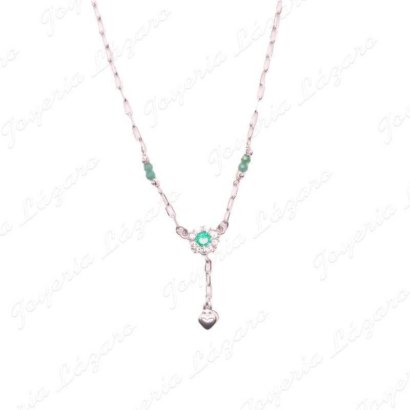 GARGANTILLA PLATA FLOR CUAJO+CORAZOC CIRCONITAS P. VERDES
