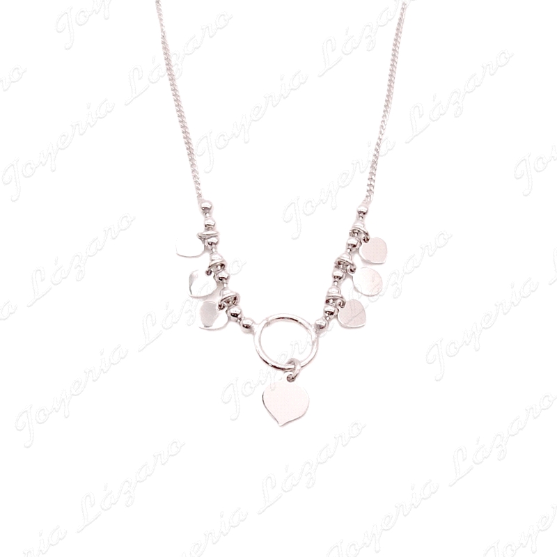 GARGANTILLA PLATA  ARO EN CENTRO, DISCOS+CORAZONES PEQUEÑOS